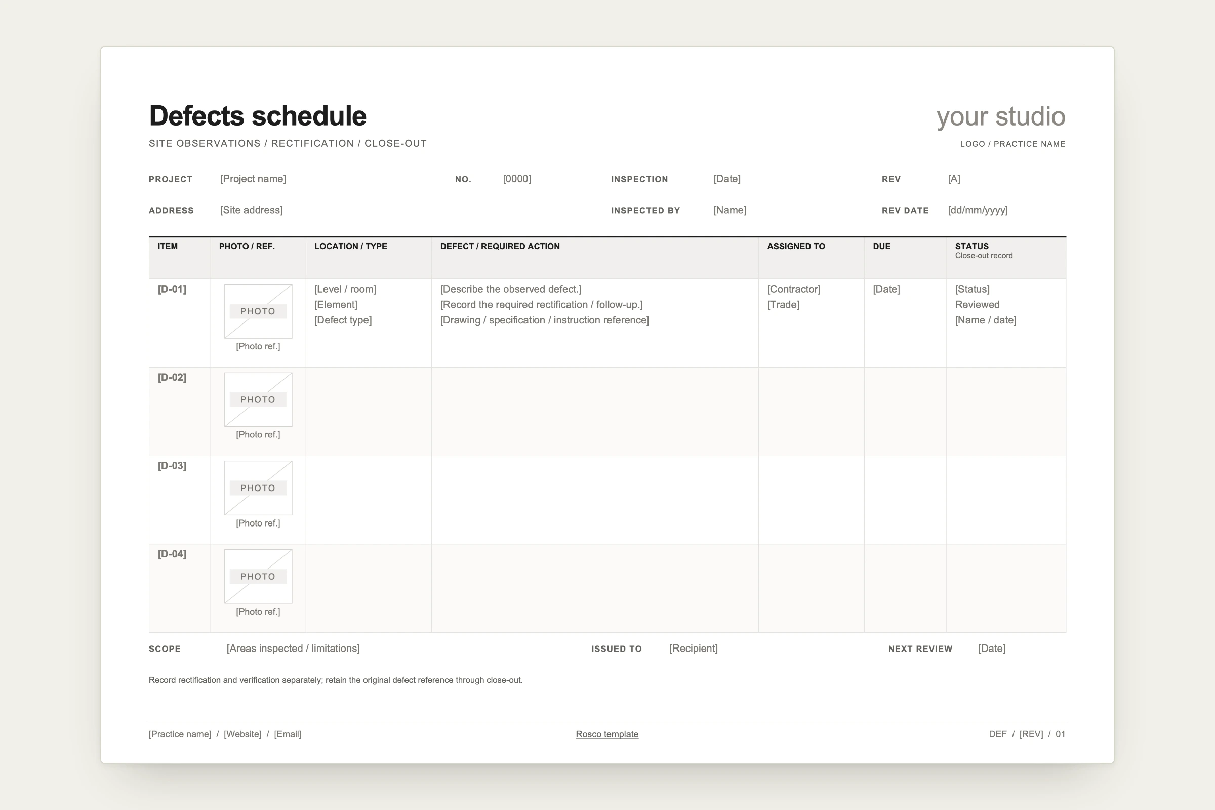 Defects schedule template for Word: inspection details, item, photo and reference, location and type, defect and required action, assigned to, due date and status, with a scope line below.