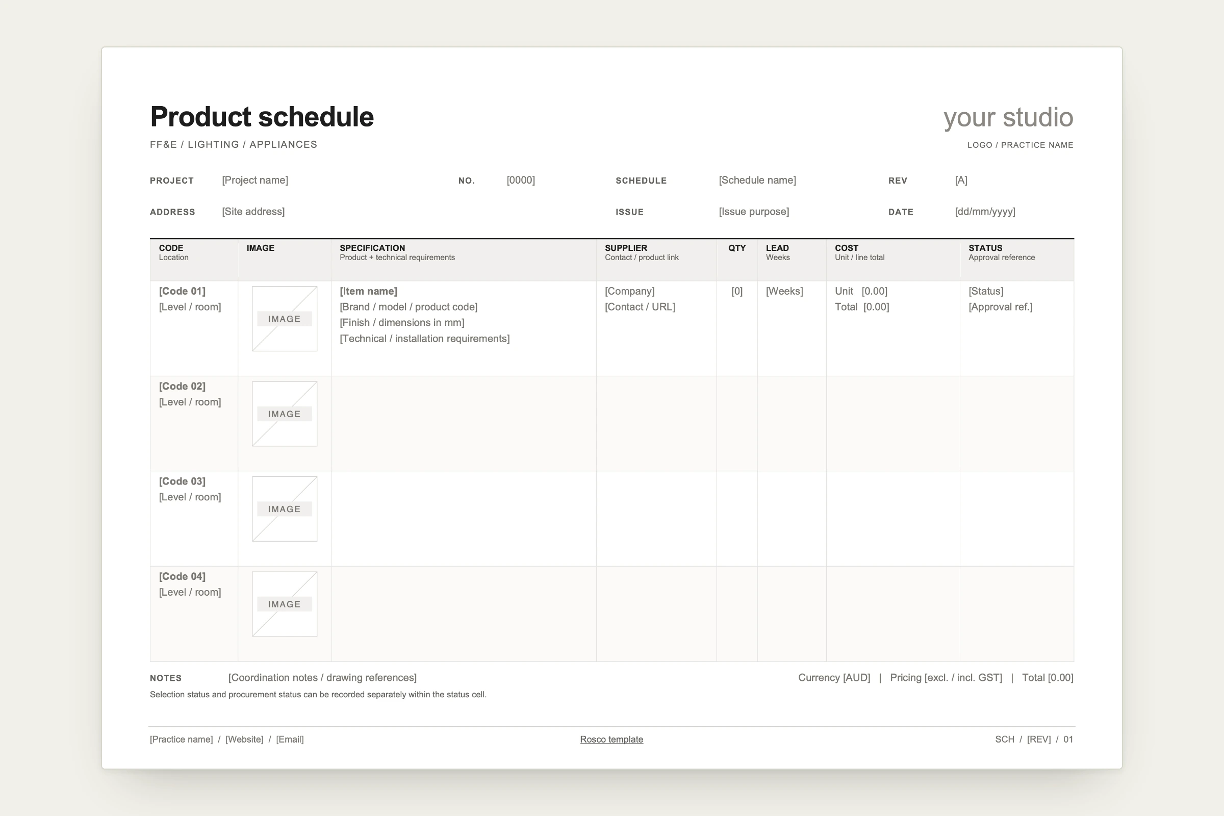 A4 landscape product schedule template for Word: code, image, specification, supplier, quantity, lead time, cost and status columns, shown with placeholder text.