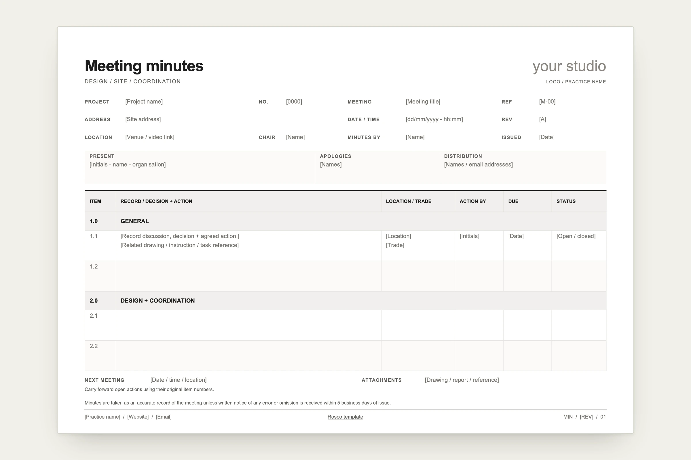 Meeting minutes template for Word: project header, present, apologies and distribution, then numbered records, location or trade, action by, due date and status.